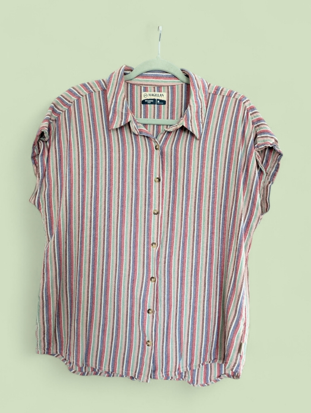 Magellan Top Striped Shirt Linen Blend Womens Size M Button Up Colorful